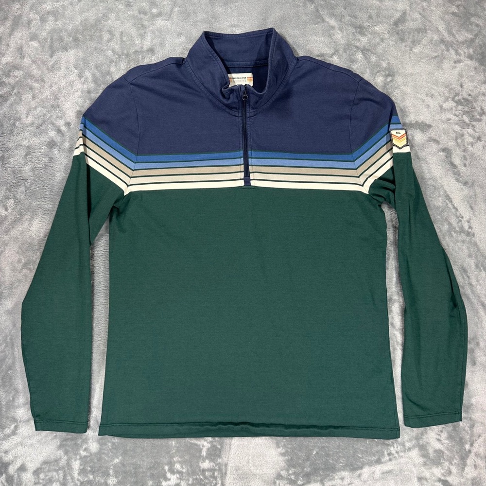 Marine Layer Archive Mens Quarter Zip Pullover Green Navy Striped Medium 14822